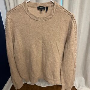 Theory 100% Cashmere Beige Crew Neck Sweater with Arm Stitching Pattern